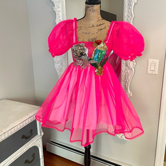 SALE New York Couture SHEER NEON PINK Sequin Detail Puff Sleeve Dress - Picture 3 of 6